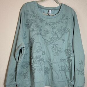 ÇATO Women's Embroidered Crewneck French Terry Sweatshirt Top - Sage Green 3X
